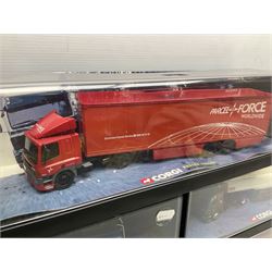 Corgi - five 'Monster Trucks' comprising Leyland-Daf Box Trailer (Parcelforce Worldwide) No.75501; ERF Tanker (Gulf Oil) No.75101; ERF Curtainside (Eddie Stobart Ltd) No.75201; ERF EC Box Trailer (Lynx Express) No.75001; and Leyland-Daf Tanker (Q8) No.75301; all in perspex display boxes (5)