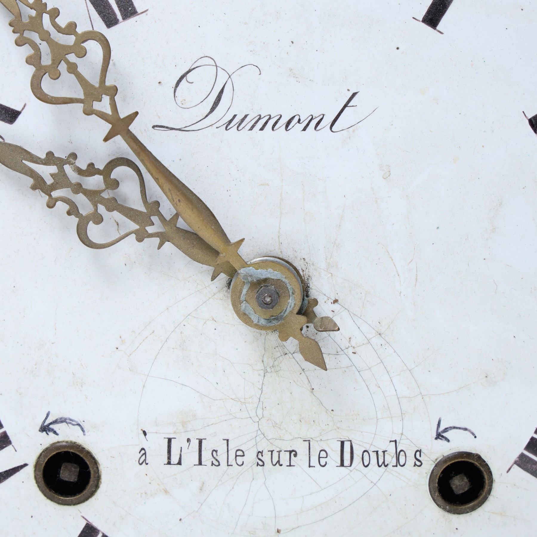 19th century French longcase clock movement, the white dial inscribed Dumont, a L'Isle sur les Doubs, gilt metal surround with bell strike and weights 45cm x 28cm