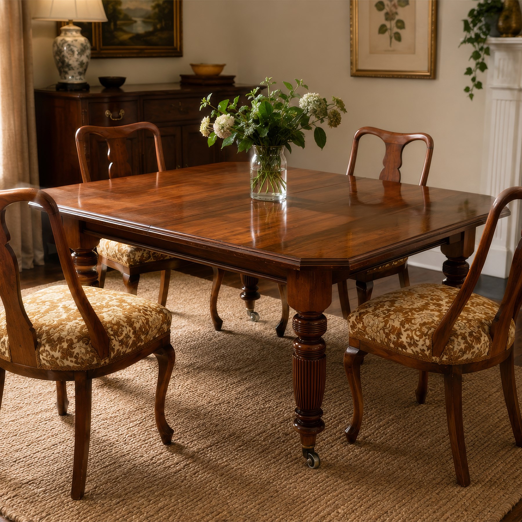 Victorian mahogany extending dining table and four chairs, rectangular top with moulded edge, extended to 198cm with additional leaf and winder, fluted and turned supports raised on castors, the chairs with swept frame and overstuffed seat, raised on cabriole front supports