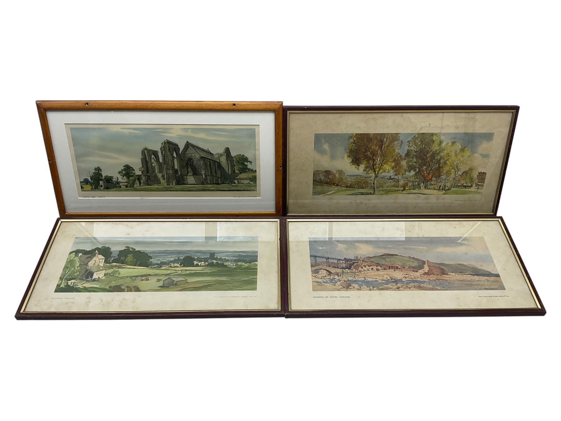Four carriage prints, comprising Leiston Abbey, Suffolk after Frederick William Baldwin, Richmond, Yorkshire after Leonard Russell Squirrell, Harrogate, Yorkshire after Jack Merriott, and Sandsend, nr. Whitby, Yorkshire, after Jack Merriott (4)