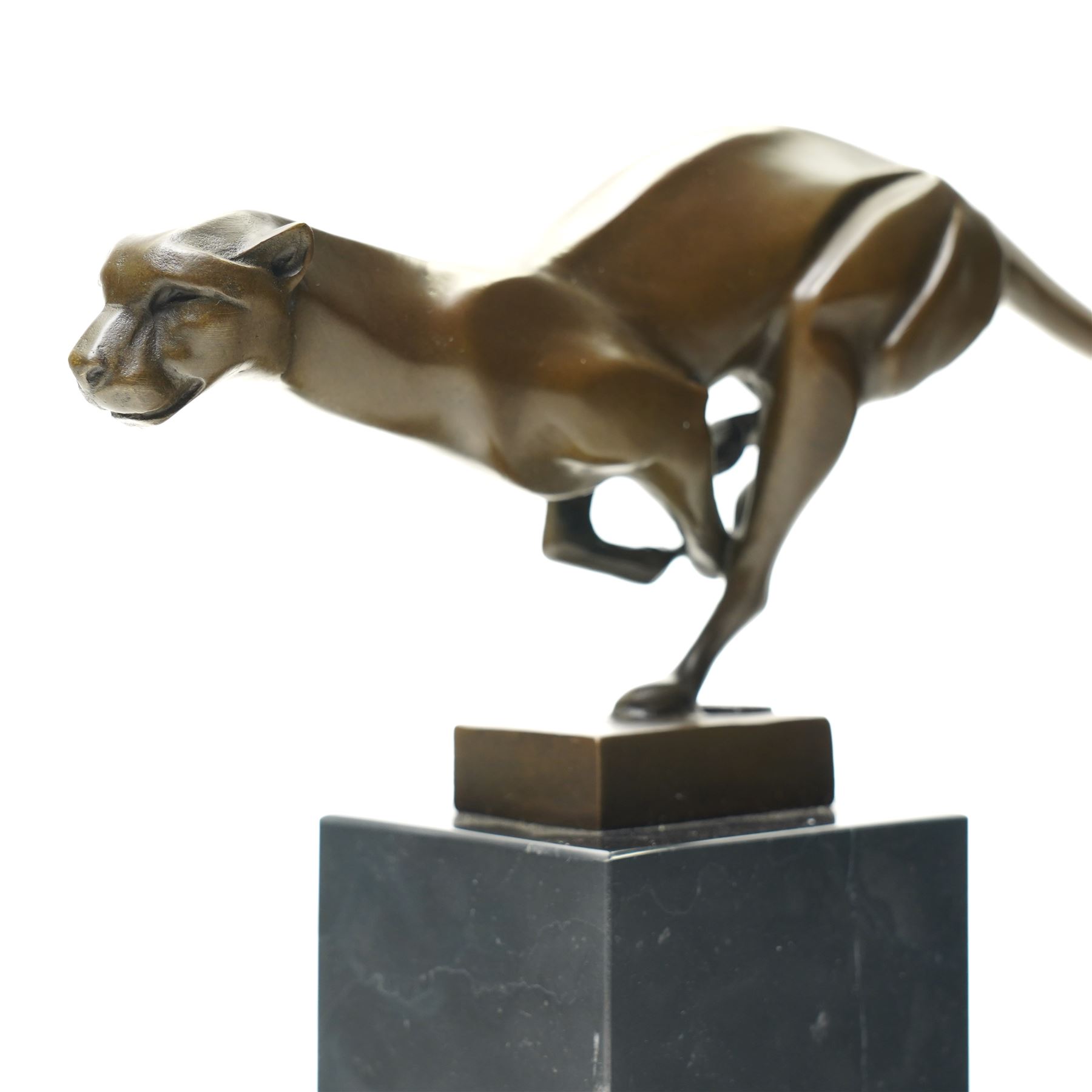 Bronze figure of running cheetah, upon a rectangular marble base, signed and with foundry mark, H20cm