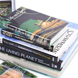 David Attenborough memorabilia, including framed montage of a Sunday Times Magazine cover and two DVD sleeves, one signed, books including first editions, DVDs and Audio CDs