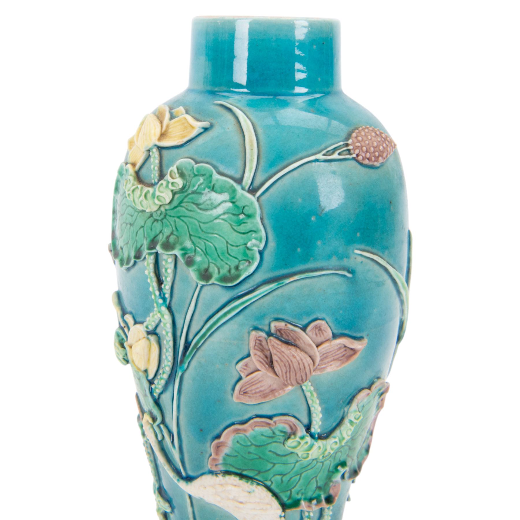 19th century Chinese porcelain vase, of baluster form decorated in relief with wading crane amongst pond lillies upon a turquoise ground, with Wang Bing Rong seal mark beneath, H26cm 