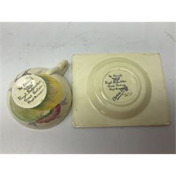 Clarice Cliff Biarritz for Royal Staffordshire/Wilkinson Ltd, teacup, saucer and side plate, in Viscaria pattern, the plate and saucer of rectangular form, each with printed mark beneath