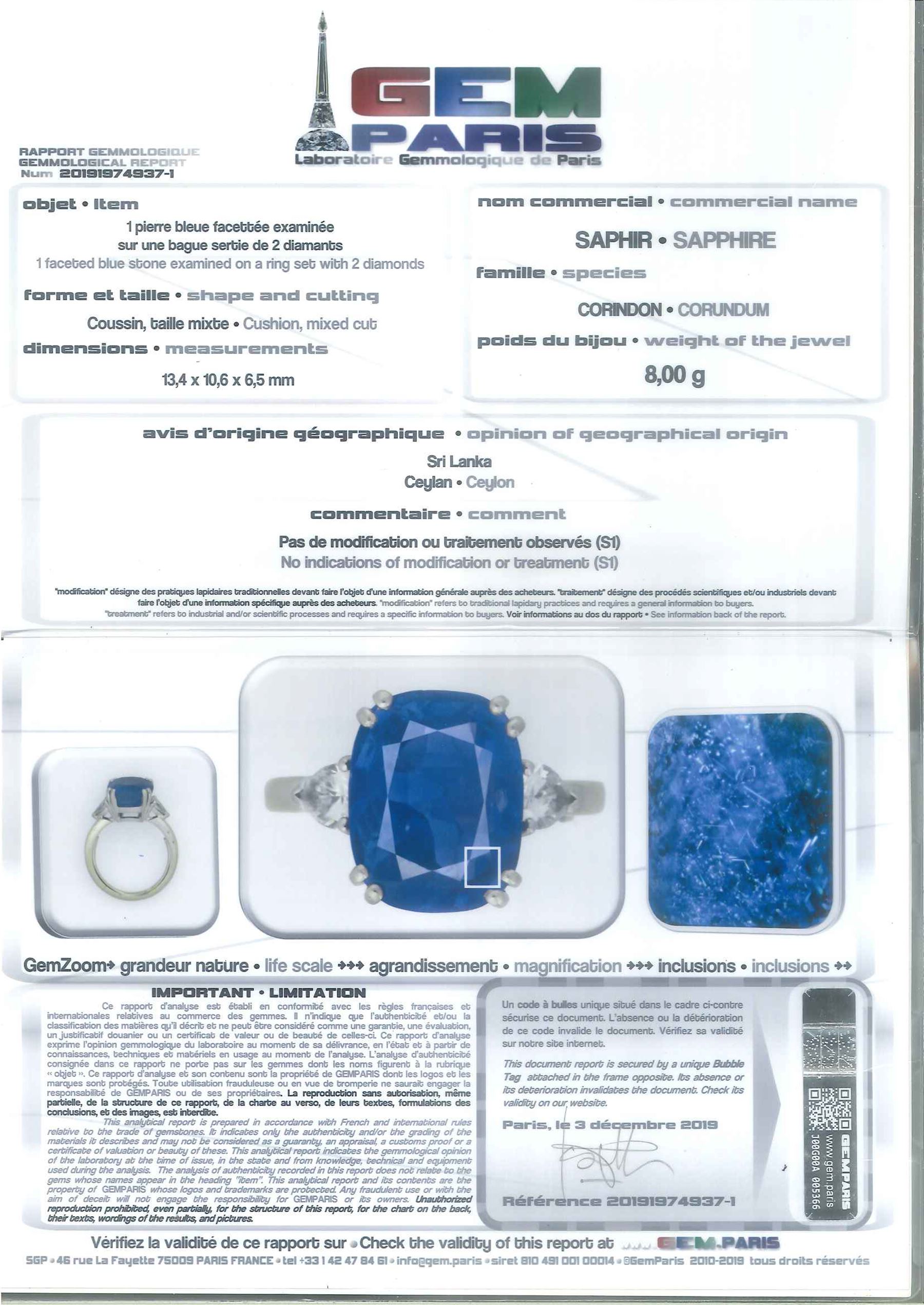 French 18ct white gold and platinum three stone unheated Ceylon sapphire and diamond ring, the single mixed cushion cut sapphire of 8.49 carat, with Gem Paris report, flanked by pear cut diamonds, hallmarked, total diamond weight approx 0.60 carat