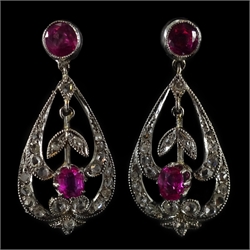Pair of 18ct white gold ruby and diamond pendant ear-rings