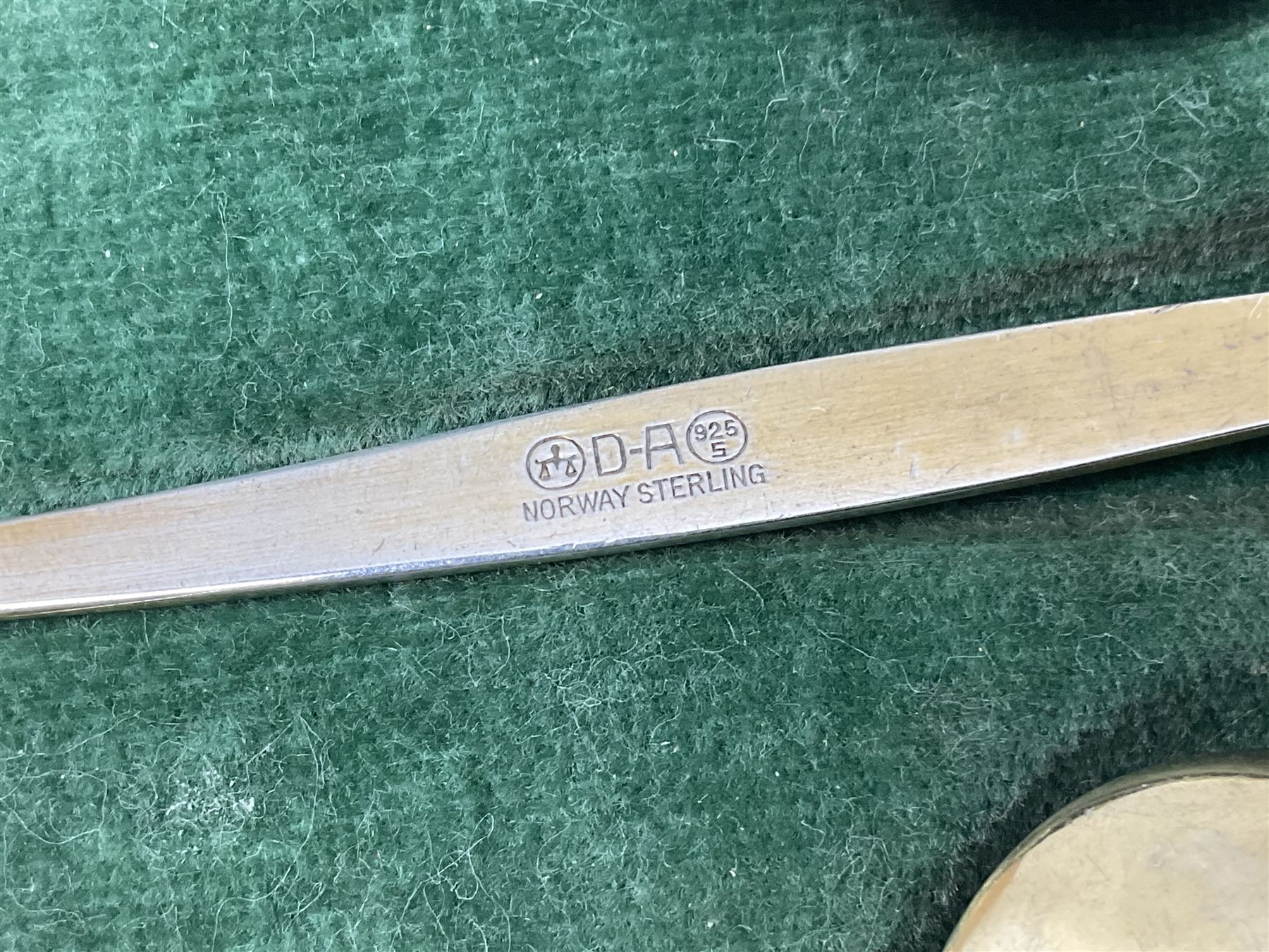 Mid-century cased set of six David Anderson guilloche and gilt coffee spoons, with enamelled bowls and handles stamped 'D.A', scales mark, '9255', 'Norway' and 'Sterling'