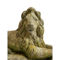 Pair of good quality grand weathered cast stone recumbent lions on rectangular plinth bases 