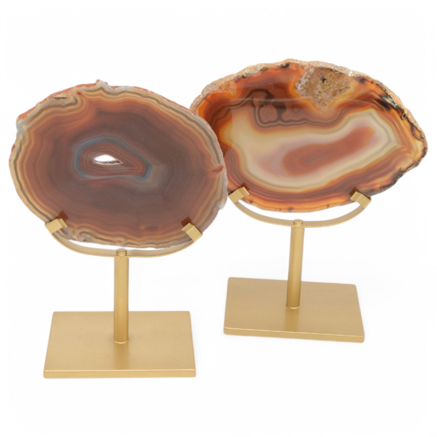 Pair of red agate slices, polished with rough edges raised upon gilt metal stands, H20cm
