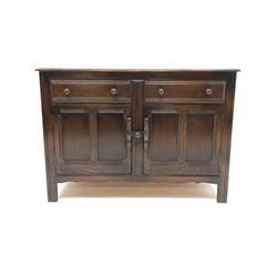 Ecrol dark elm drawer leaf dining table, four chairs and matching sideboard dresser