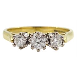 18ct gold three stone round brilliant cut diamond ring, hallmarked, total diamond weight 0.50 carat