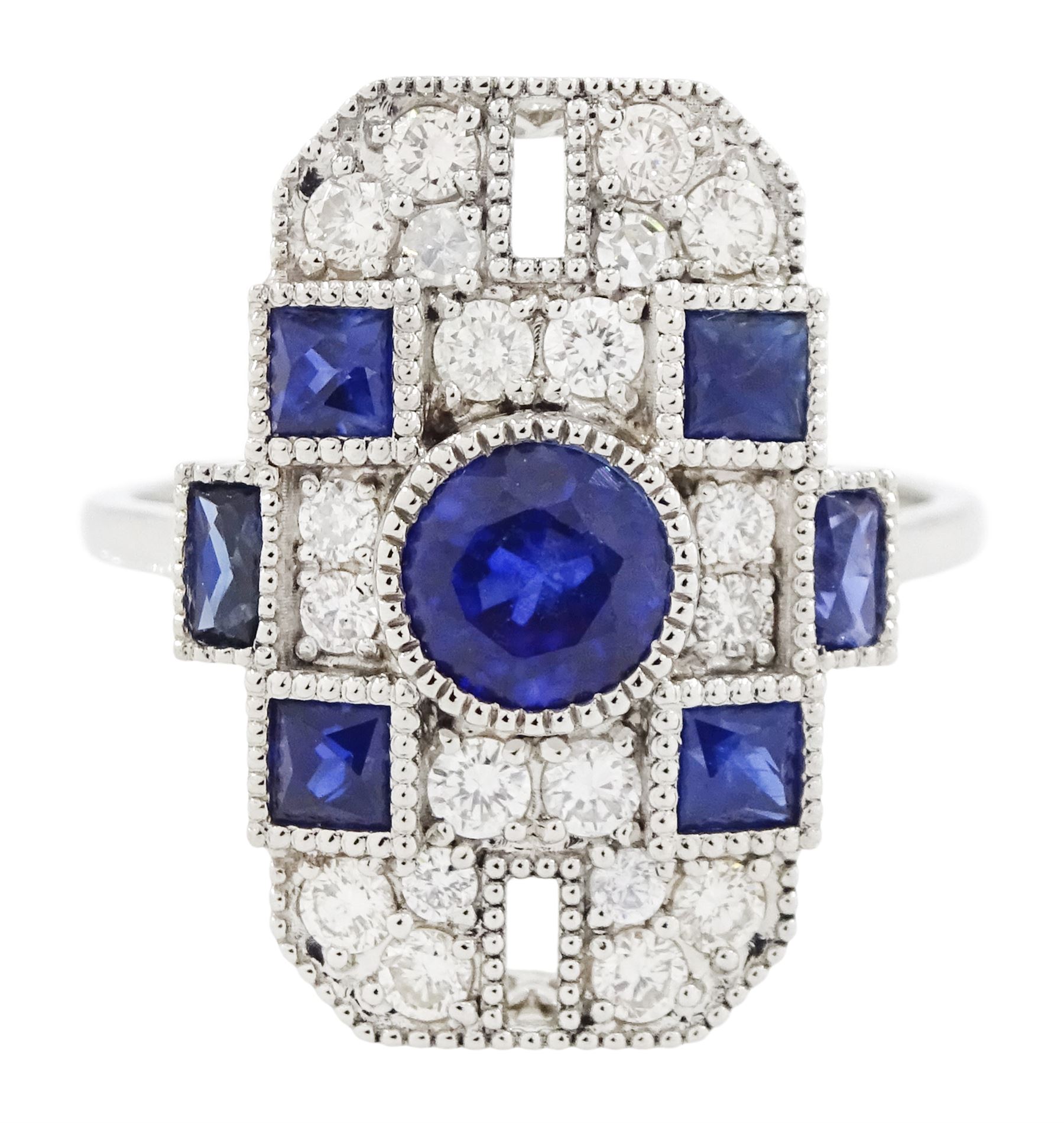 Platinum sapphire and diamond panel ring, milgrain set with round and calibre cut sapphires and round cut diamonds, stamped Pt 950, total sapphire weight 0.87 carat, total diamond weight 0.46 carat