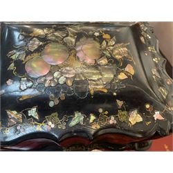 Victorian black lacquered papier-mâché sewing box, of rectangular form with shaped sides, the slightly domed top with inlaid mother of pearl and abalone decoration, the sides with gilt and polychrome painted scrollwork, the hinged cover opening to reveal a fitted interior with lift out tray, H14cm