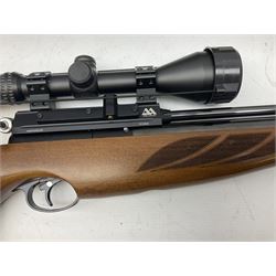 Air Arms Model S410F Classic .177 multi-shot compressed air rifle with bolt action, underside pressure gauge, chequered pistol grip, moderator and Hawke Sport HD 3-9x50 scope L112cm; in Anglo Arms camouflage sleeve with spares, tool kit, magazine and instruction manual