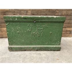 19th century green painted pine carpenters tool chest, mahogany lined fitted interior with adjustable sliding fitted compartments