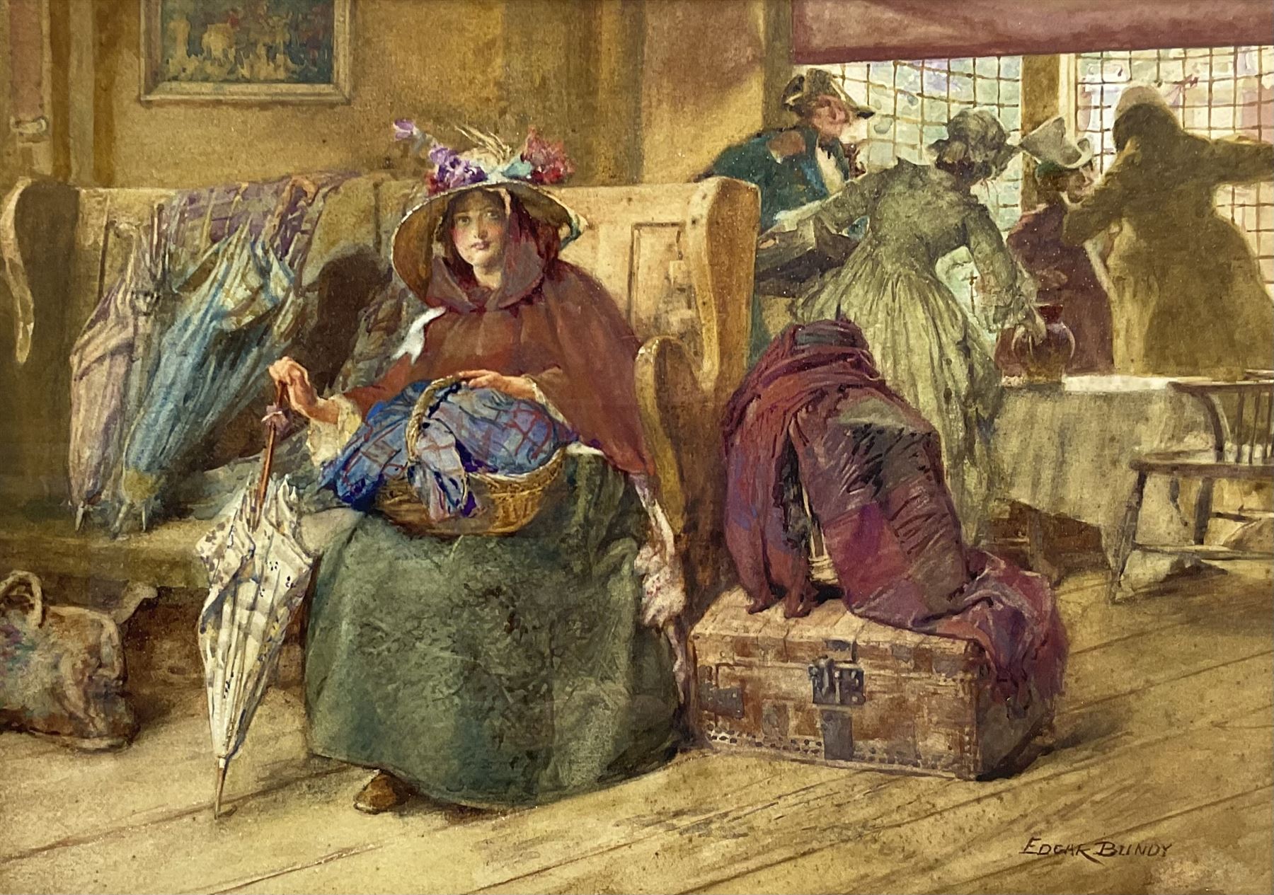 Edgar Bundy (British 1862-1922): 'Waiting for the Coach', watercolour signed, titled on the mount 27cm x 38cm