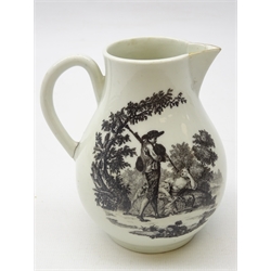  18th century Worcester sparrow-beak jug c1765, transfer printed by Robert Hancock, depicting 'Milkmaids' scene engraved by Robert Sayer and on the reverse a courting scene, the gentleman playing the bagpipes, H10.5cm    