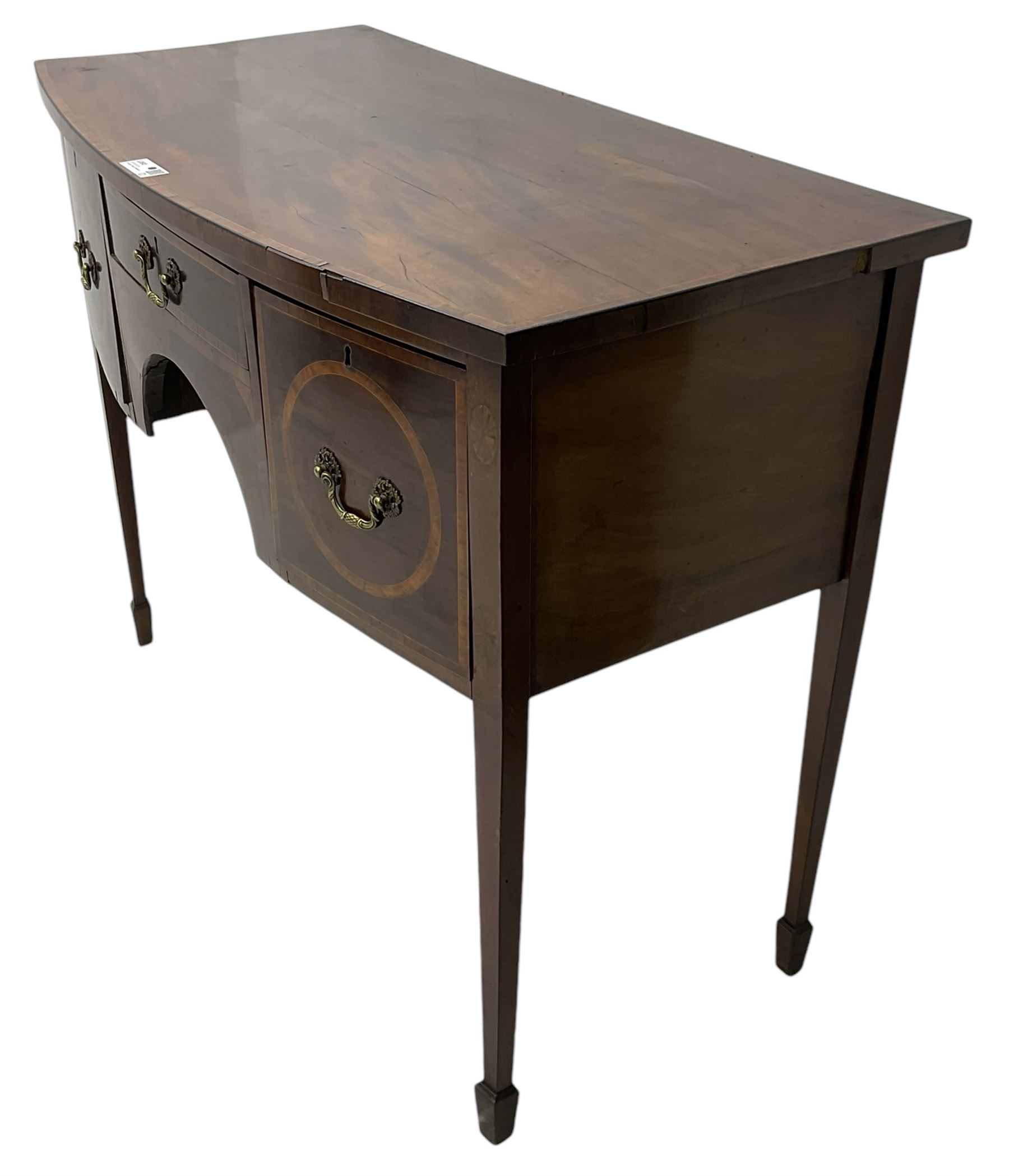 19th century inlaid mahogany bow-front sideboard, satinwood banded top over three drawers, on square tapering supports with spade feet