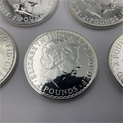 Five Queen Elizabeth II United Kingdom one ounce fine silver Britannia two pound coins dated 2012, 2013, 2014, 2015 and 2016
