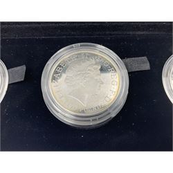 The Royal Mint United Kingdom 'Countdown to London 2012' silver proof five pound four-coin set, comprising 2009, 2010, 2011 and 2012, cased with certificates