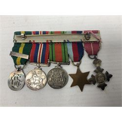 Three miniature groups of five medals - OBE Military group with WW1 trio and Italy Order of Saints Maurice & Lazarus Knights Cross; MBE Military group with WW2 trio and Territorial Efficiency Decoration; and WW2 trio, General Service Medal 1918-62 with Brunei and Arabian Peninsula clasps and GSM 1962 with Borneo clasp; all with ribbons on pinned wearing bars (3)