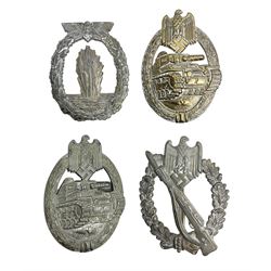 Four German badges comprising Infantry Assault badge; two Tank Battle badges, one bronze and one with traces of silvering; and Minesweepers, Sub-Chasers and Escort Vessels War badge marked Fec. Otto Placzec Berlin Ausf. Schwerin Berlin (4)