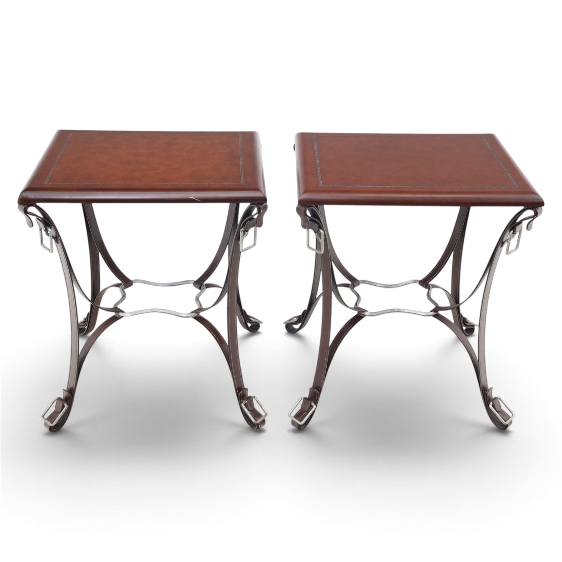 And So To Bed - pair of 'Handel' bedside or lamp tables, faux leather metal supports