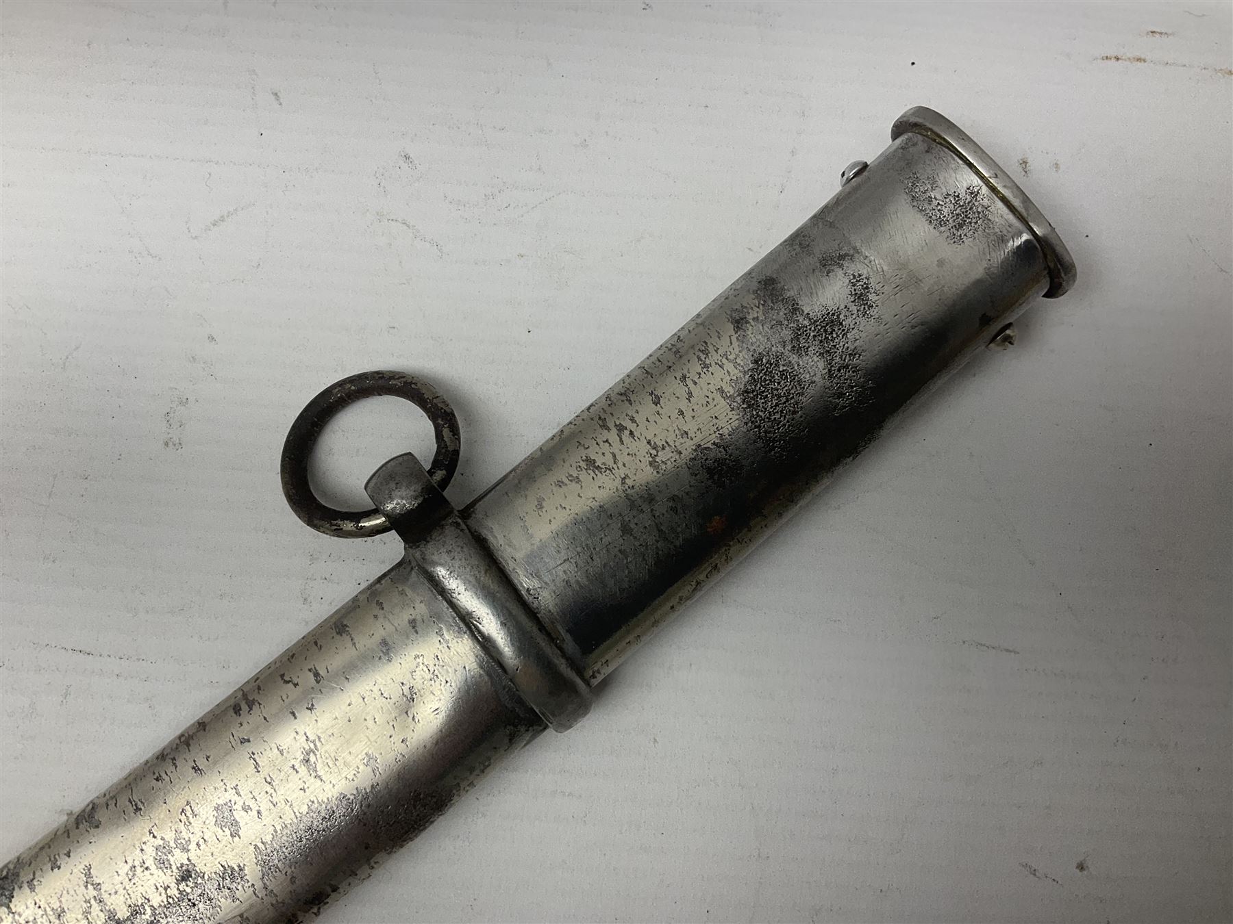 19th century Russian Imperial Navy sword, with 77.5cm curving fullered blade, brass three-bar hilt with lozenge shaped langets and wire-bound leather grip; in polished steel scabbard with one suspension ring L97cm overall
