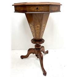 Victorian walnut and marquetry trumpet work table, tapering column supports on three foliage carved shaped supports