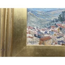 Edgar Wood (British 1860-1935): 'Castellano' Continental Hilltop Town, oil on board signed and dated 1922, 22cm x 28cm