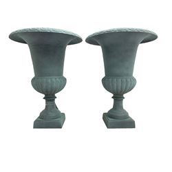 Pair of Victorian design teal painted cast iron campana shaped garden urns, egg and dart rim over a gadrooned underbelly, tapering column on square plinth base - THIS LOT IS TO BE COLLECTED BY APPOINTMENT FROM DUGGLEBY STORAGE, GREAT HILL, EASTFIELD, SCARBOROUGH, YO11 3TX