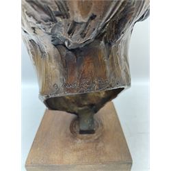 Anne Curry (French 1943-): Bronze bust modelled after the artist's late Grandfather, signed and dated '95 and numbered 1/5 on square wooden plinth, H41cm overall. Provenance: This piece was a gift from the artist's father to the vendors late mother in law. The portrait depicts the artist's late Grandfather who was a friend of the family