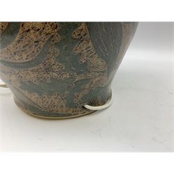 Stoneware lamp of baluster form decorated with birds and oak leaves, in sage green and oatmeal colourway, H63cm incl fitting