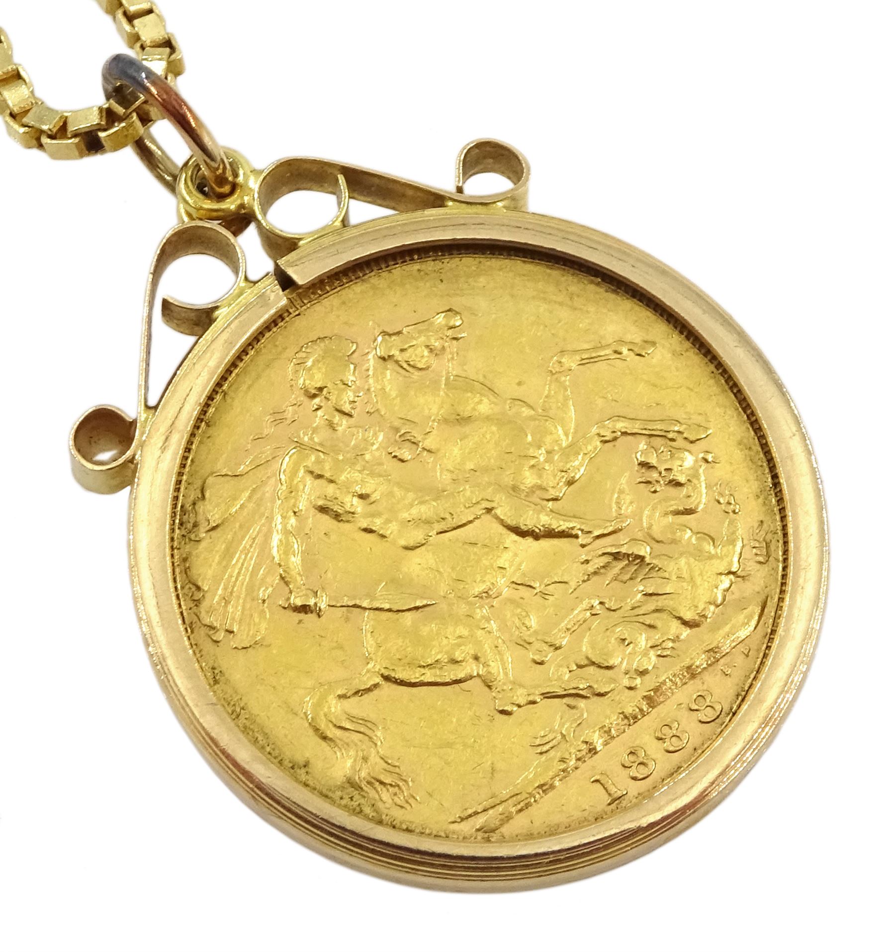 Queen Victoria 1888 gold full sovereign coin, loose mounted in 9ct gold, on 18ct gold box link chain, stamped 750