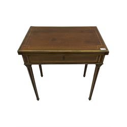 French walnut brass mounted inlaid writing card table, sliding fold over top, fitted compartment with easel dressing mirror