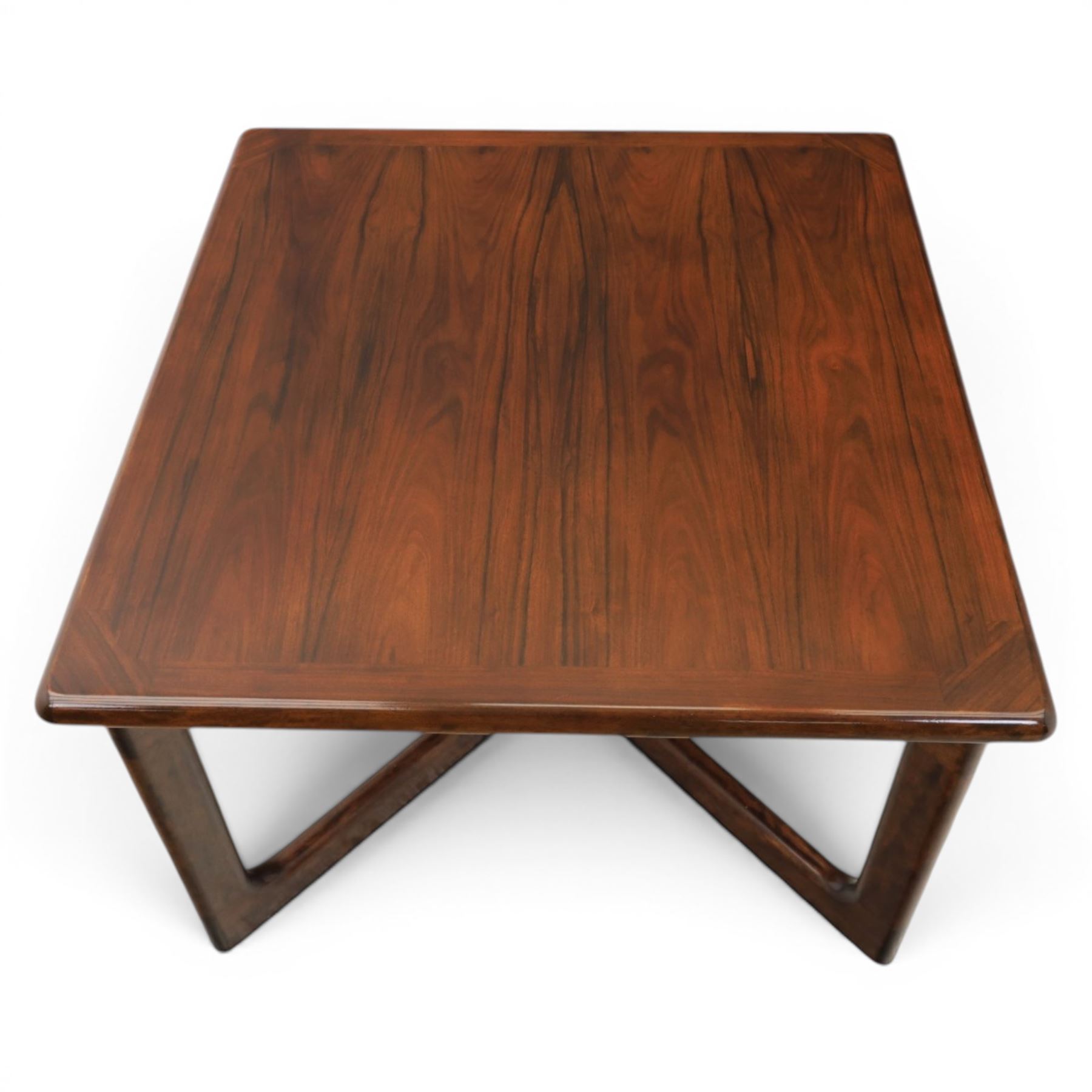 Dyrlund - contemporary Santos rosewood coffee table, floating design, square top of elegant design with clean lines and chamfered square legs 