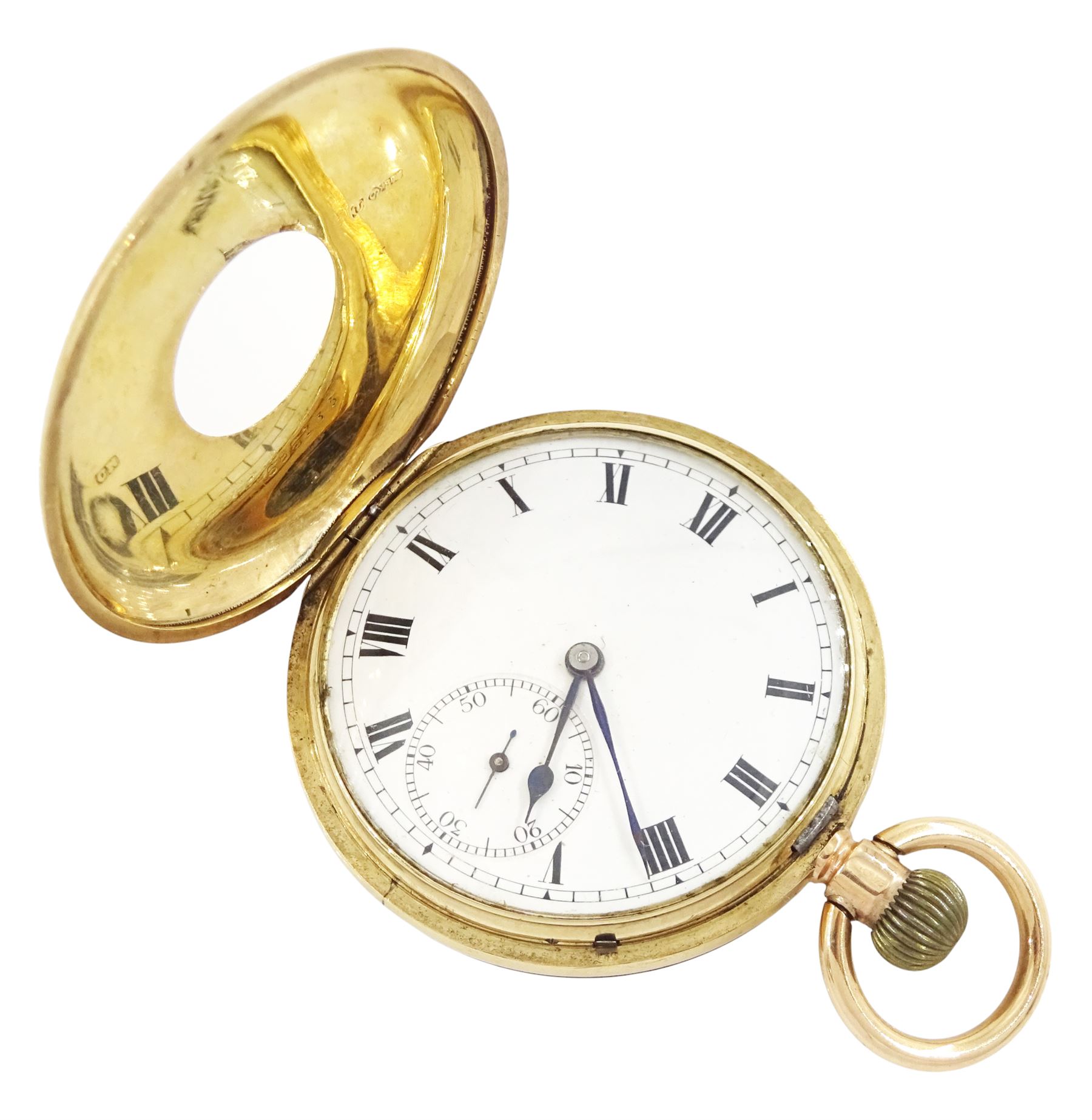 Early 20th century 9ct gold half hunter keyless lever pocket watch, No. 590035, white enamel dial with Roman numeral hour markers and subsidiary seconds dial, the inner dust cover with engraved flower basket decoration, case with London import marks 1916