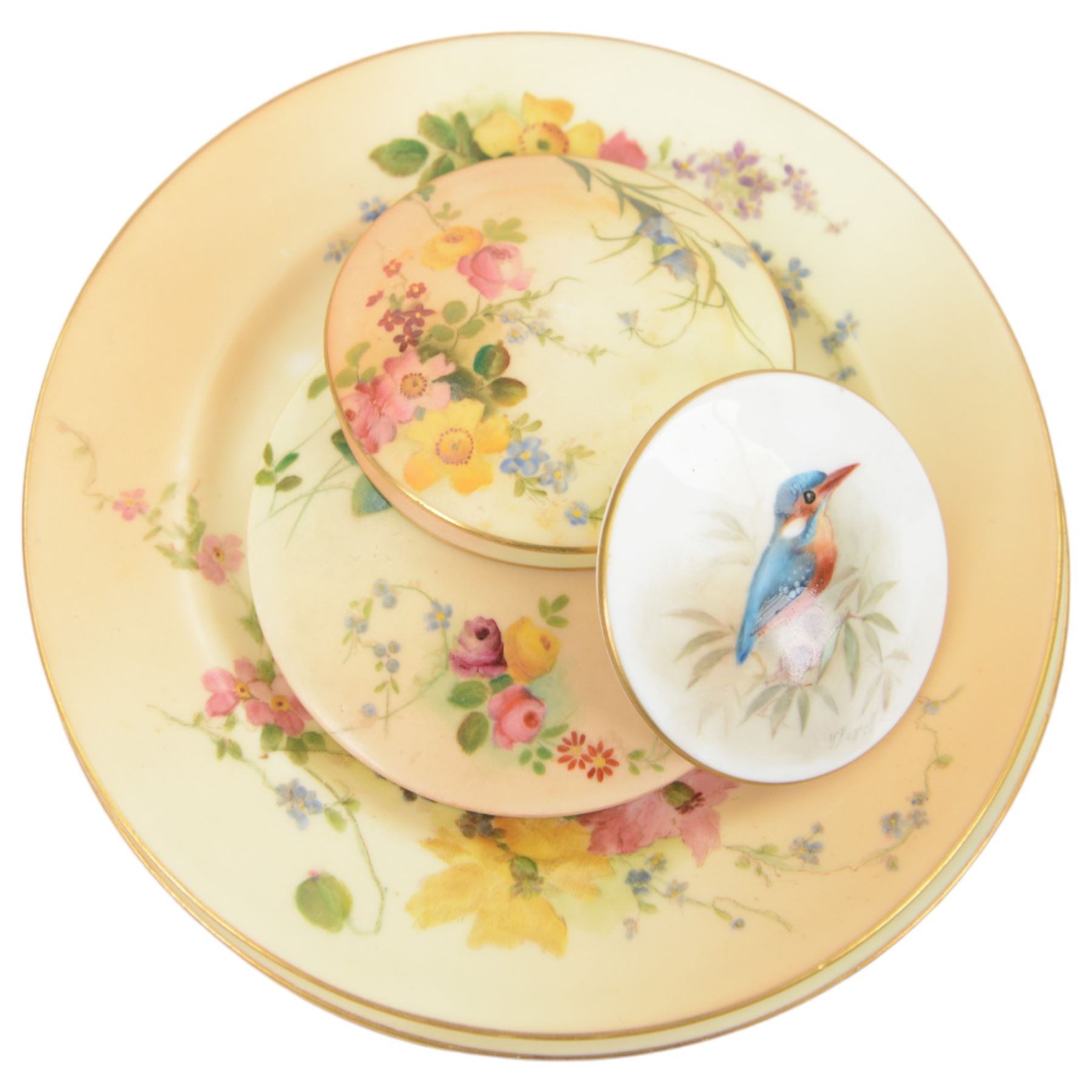 Collection of Royal Worcester pill boxes, decorated with birds and flowers, together with a pot lid painted with a kingfisher, signed powell and other Royal Worcester ceramics 