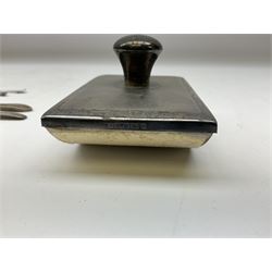 Modern silver mounted blotter, with engine turned decoration, hallmarked Birmingham 1991, small group of silver flatware, and a silver plated cigarette case, approximate weighable silver 71.5 grams