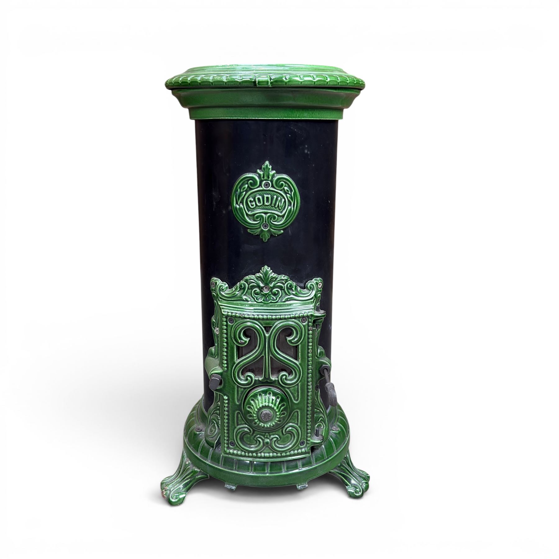 French Godin cast iron enamel stove, circular form, finished in green and black paint