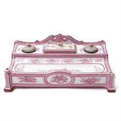 19th Century French enamelled porcelain inkstand, by Gien, in shades of pink and white, wi...