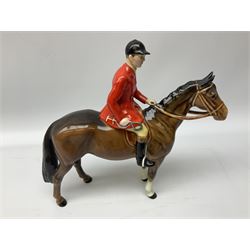 Beswick Hunting Group, comprising huntsman on bay horse, model no.1501, two huntsmen on bay horses, model no.868, together with standing fox, model no.1440 and two fox hounds, all with printed marks beneath