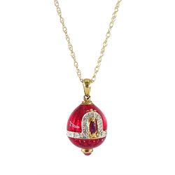 9ct gold red enamel, diamond and ruby egg pendant necklace
