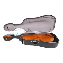 19th century cello, with two piece back and ebonised finger board, contained within a hardcase, cello back length 75cm
