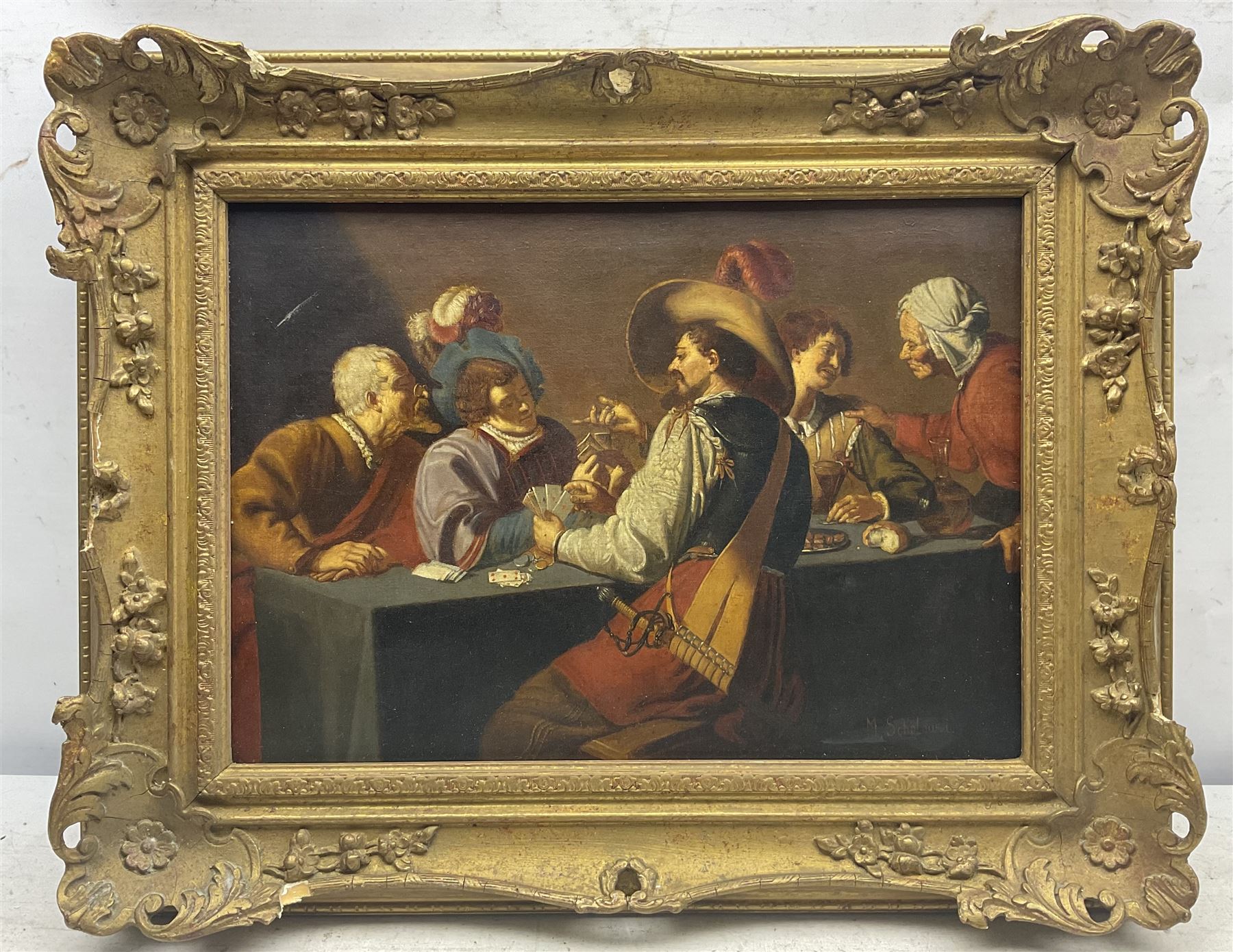 Michael Scholowei (Continental 19th/20th century) after Theodoor Rombouts (Flemish 1597-1637): 'The Card Players', oil on canvas signed 27cm x 38cm