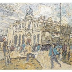 Barry De More (Yorkshire 1948-2023): 'Colne with Figures', oil on board, signed titled ver...