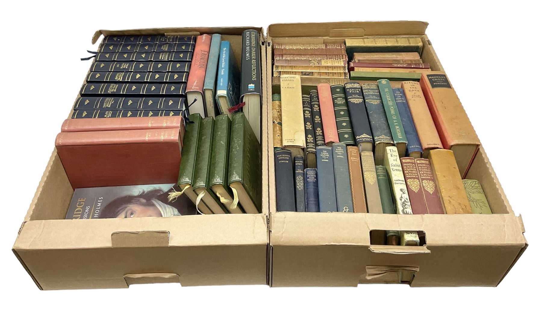 Quantity of early 20th century and later books to include leather and cloth bound examples, to include examples published by J.M Dent & Co, W.M Thackeray, Collins, Poems by Tennyson, etc, many with gilt detailing, in two boxes
