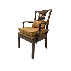 Chippendale design mahogany armchair, pierced splat back with swept arms, drop in seat and seat cushion