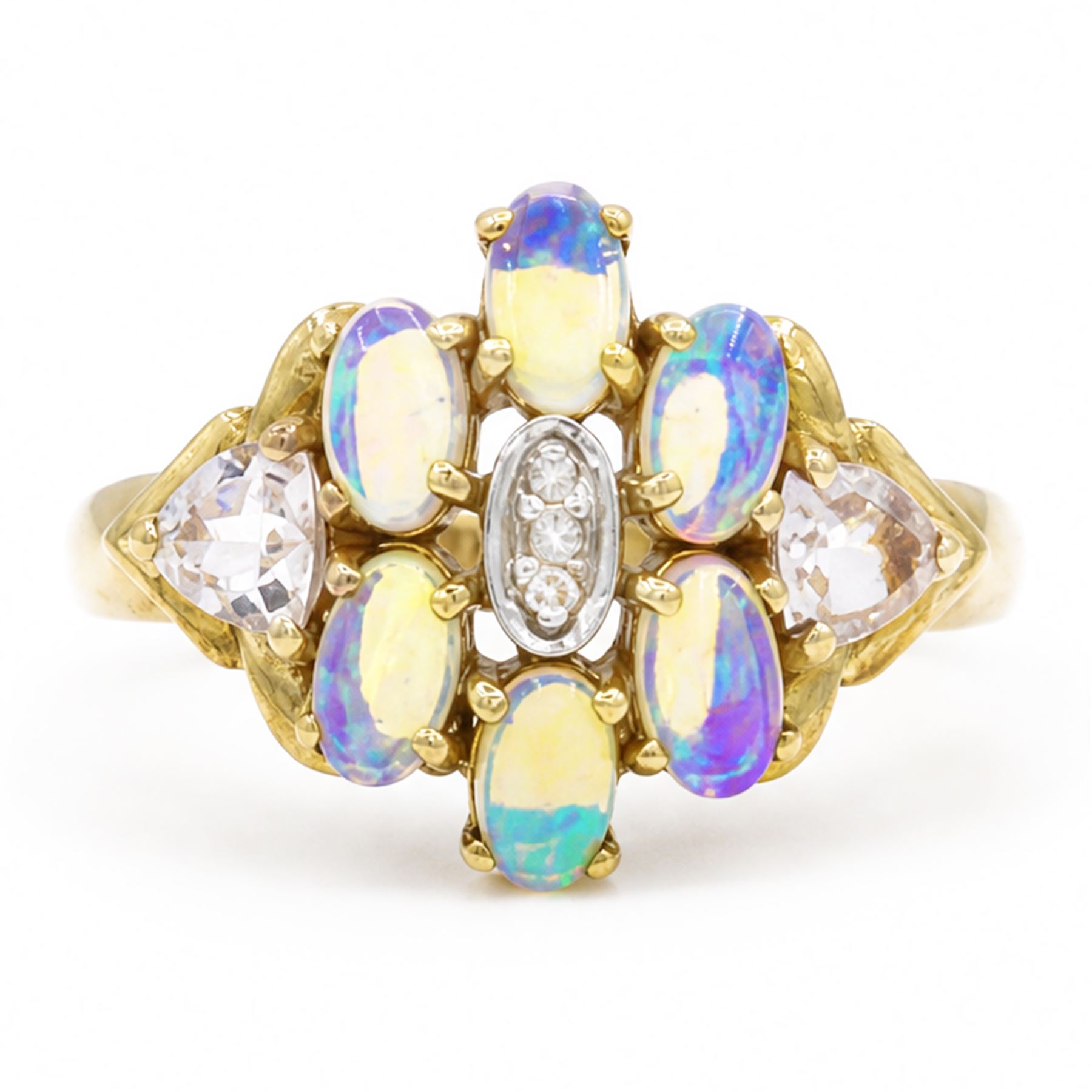 9ct gold opal, morganite and diamond cluster ring, three single cut diamond chips surrounded by six oval cut opals and two trilliant cut morganites, Birmingham 2007