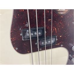 Fender Precision Bass guitar, in Olympic White finish with tortoiseshell effect scratchboard, serial no US15103092, in black Fender hard case with Fender strap and warranty card, guitar L116cm